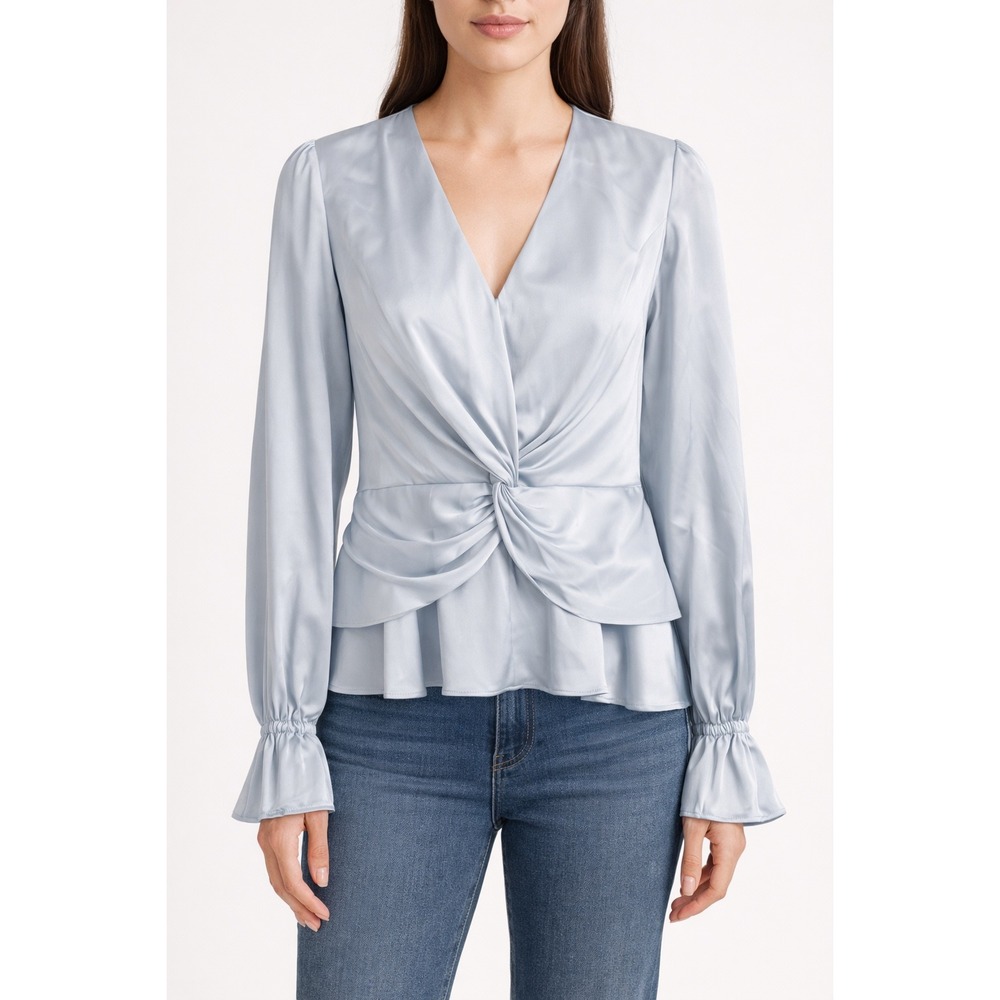 HUTCH Satin V-Neck Twist-Front Blouse Top Light Blue Women Size Small Office